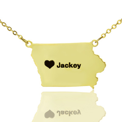 Iowa State USA Map Necklace With Heart  Name Gold Plated - Name My Jewellery