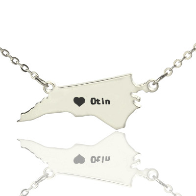 Personalised NC State USA Map Necklace With Heart  Name Silver - Name My Jewellery