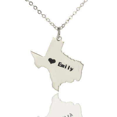 Texas State USA Map Necklace With Heart  Name Silver - Name My Jewellery