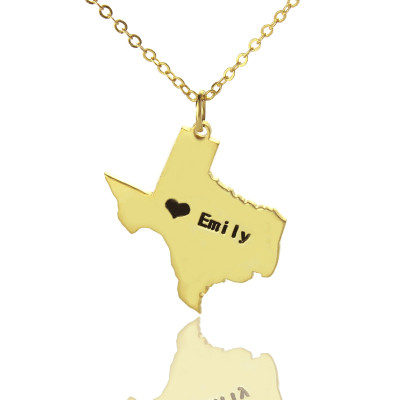 Texas State USA Map Necklace With Heart  Name Gold Plated - Name My Jewellery