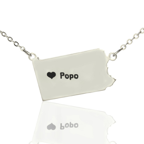 Personalised Pennsylvania State USA Map Necklace With Heart  Name Silver - Name My Jewellery
