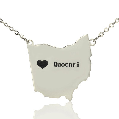 Custom Ohio State USA Map Necklace With Heart  Name Silver - Name My Jewellery