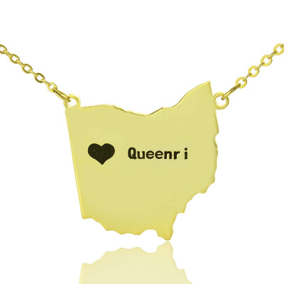 Custom Ohio State USA Map Necklace With Heart  Name Gold Plated - Name My Jewellery