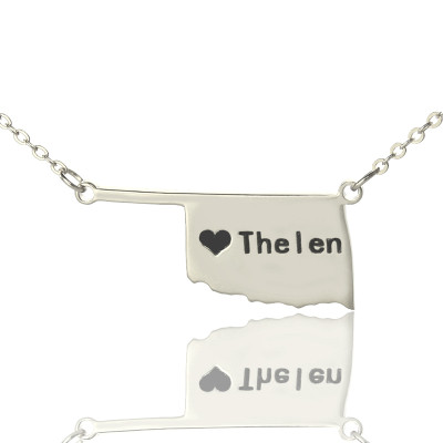 America Oklahoma State USA Map Necklace With Heart  Name Silver - Name My Jewellery