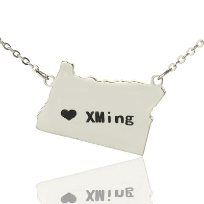 Custom Oregon State USA Map Necklace With Heart  Name Silver - Name My Jewellery