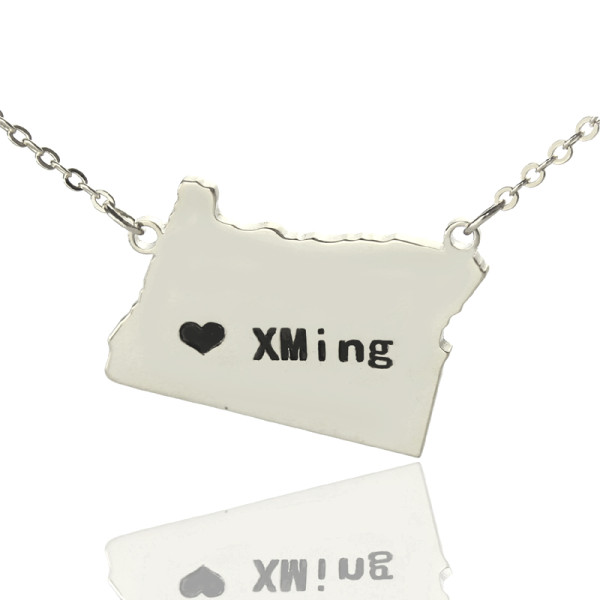 Custom Oregon State USA Map Necklace With Heart  Name Silver - Name My Jewellery