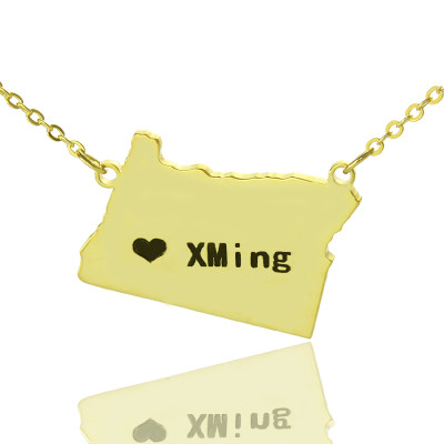 Custom Oregon State USA Map Necklace With Heart  Name Gold Plated - Name My Jewellery
