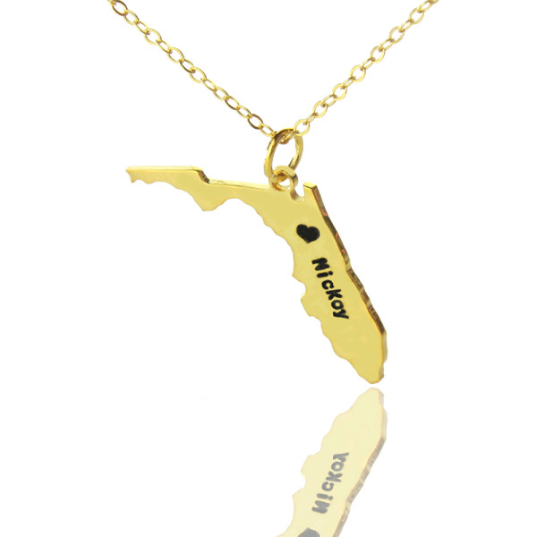 Custom Florida State USA Map Necklace With Heart  Name Gold Plated - Name My Jewellery