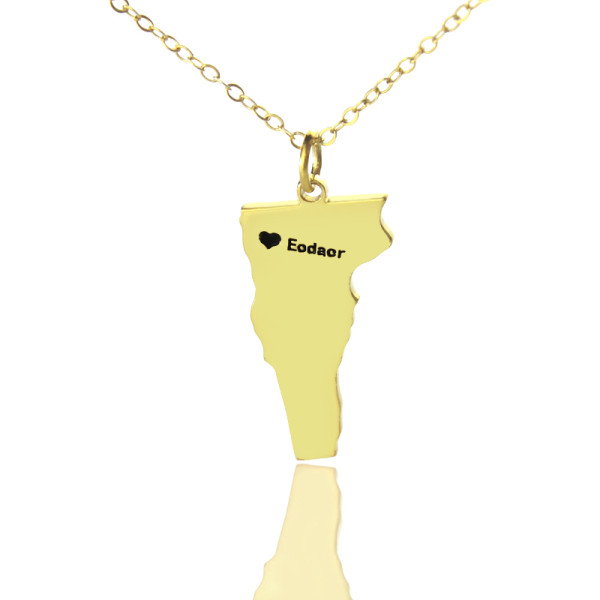 Custom Vermont State USA Map Necklace With Heart  Name Gold Plated - Name My Jewellery