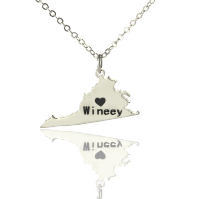 Virginia State USA Map Necklace With Heart  Name Silver - Name My Jewellery