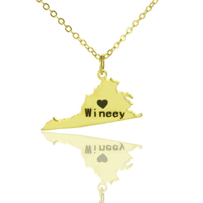 Virginia State USA Map Necklace With Heart  Name Gold Plated - Name My Jewellery