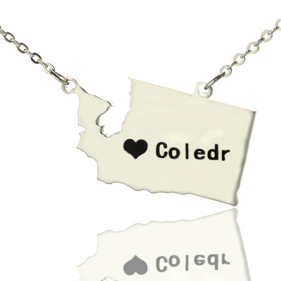 Washington State USA Map Necklace With Heart  Name Silver - Name My Jewellery