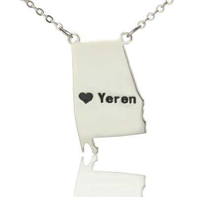 Custom Alabama State USA Map Necklace With Heart  Name Silver - Name My Jewellery