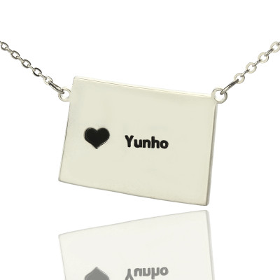 Wyoming State Shaped Map Necklaces With Heart  Name Silver - Name My Jewellery