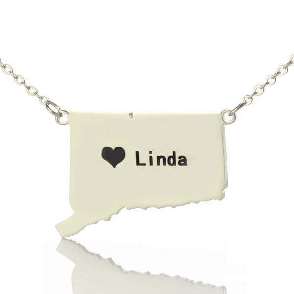 Connecticut State Shaped Necklaces With Heart  Name Silver - Name My Jewellery