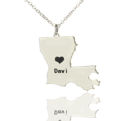 Custom Louisiana State Shaped Necklaces With Heart  Name Silver - Name My Jewellery