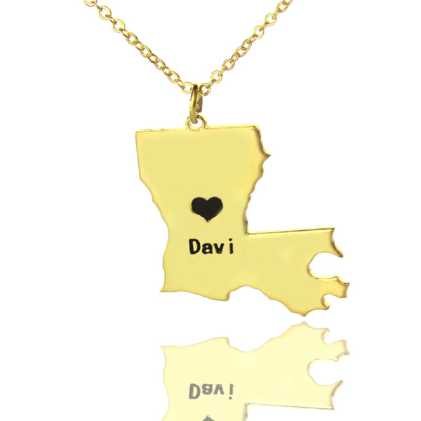 Custom Louisiana State Shaped Necklaces With Heart  Name Gold Plated - Name My Jewellery