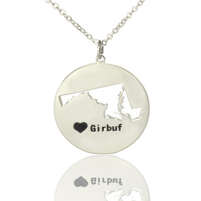 Custom Maryland Disc State Necklaces With Heart  Name Silver - Name My Jewellery