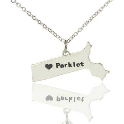Massachusetts State Shaped Necklaces With Heart  Name Silver - Name My Jewellery
