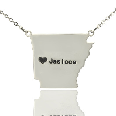 Custom AR State USA Map Necklace With Heart  Name Silver - Name My Jewellery