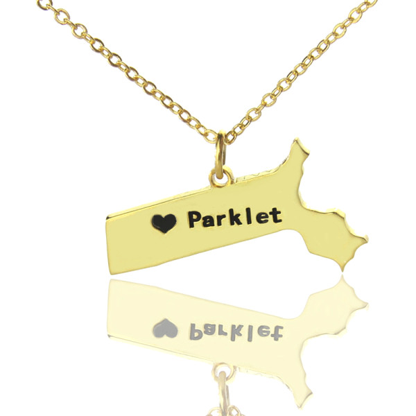 Massachusetts State Shaped Necklaces With Heart  Name Gold Plated - Name My Jewellery
