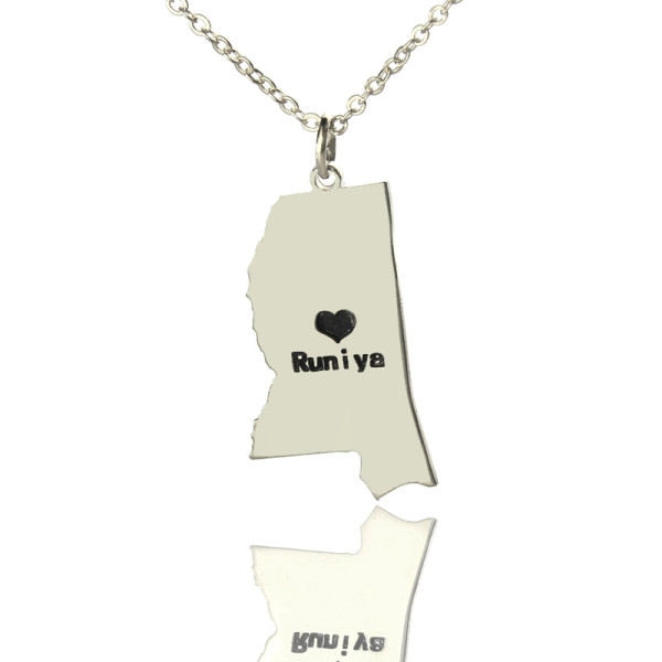 Mississippi State Shaped Necklaces With Heart  Name Silver - Name My Jewellery