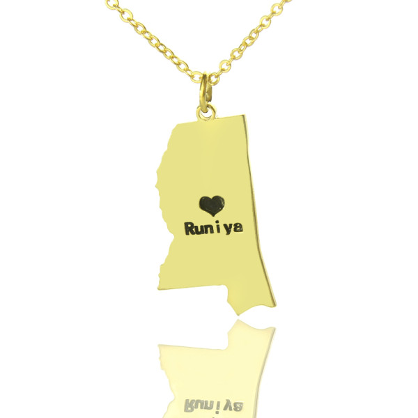 Mississippi State Shaped Necklaces With Heart  Name Gold Plated - Name My Jewellery