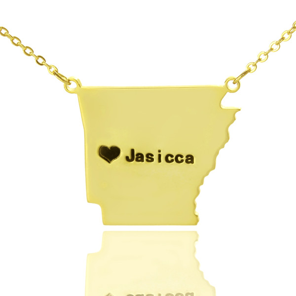 Custom AR State USA Map Necklace With Heart  Name Gold Plated - Name My Jewellery