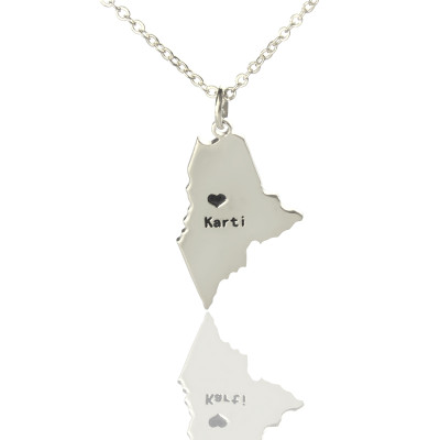 Custom Maine State Shaped Necklaces With Heart  Name Silver - Name My Jewellery