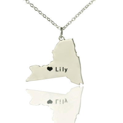 Personalised NY State Shaped Necklaces With Heart  Name Silver - Name My Jewellery