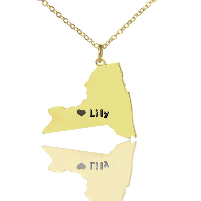 Personalised NY State Shaped Necklaces With Heart  Name Gold Plated - Name My Jewellery