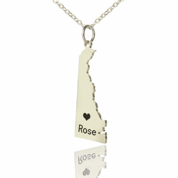 Custom Delaware State Shaped Necklaces With Heart  Name Silver - Name My Jewellery