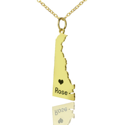 Custom Delaware State Shaped Necklaces With Heart  Name Gold Plated - Name My Jewellery