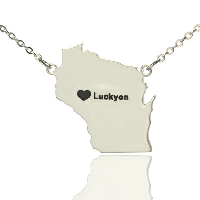 Custom Wisconsin State Shaped Necklaces With Heart  Name Silver - Name My Jewellery