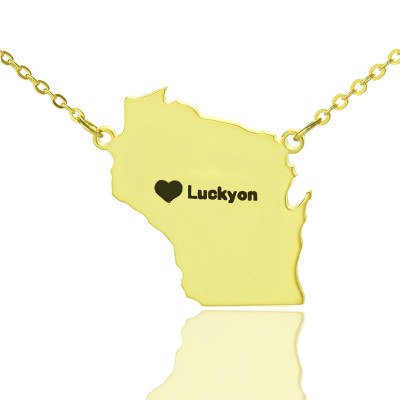 Custom Wisconsin State Shaped Necklaces With Heart  Name Gold Plated - Name My Jewellery