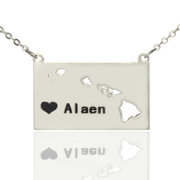 Custom Hawaii State Shaped Necklaces With Heart  Name Silver - Name My Jewellery