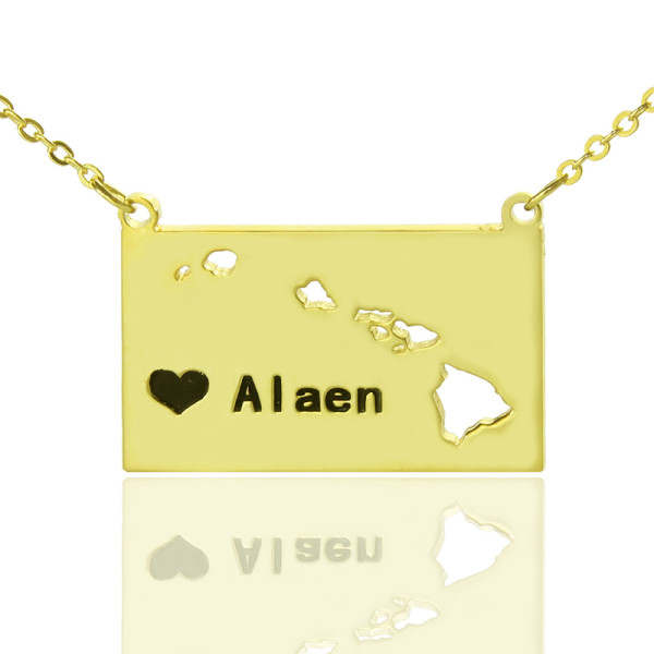 Custom Hawaii State Shaped Necklaces With Heart  Name Gold Plated - Name My Jewellery