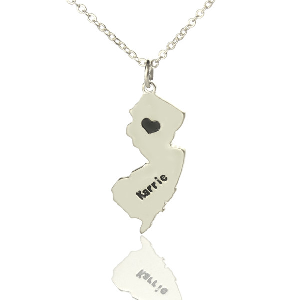 Custom New Jersey State Shaped Necklaces With Heart  Name Silver - Name My Jewellery