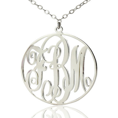 Personalised 18ct White Gold Plated Vine Font Circle Initial Monogram Necklace - Name My Jewellery