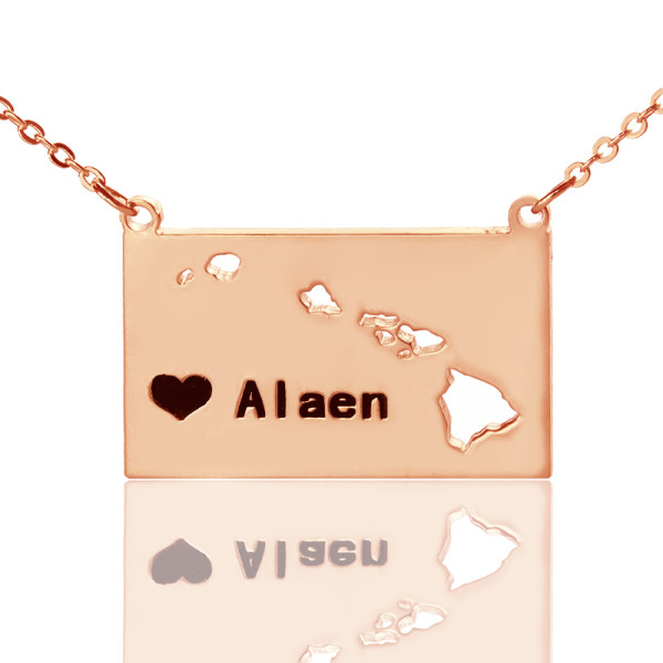 Custom Hawaii State Shaped Necklaces With Heart  Name Rose Gold - Name My Jewellery
