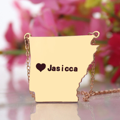 Custom AR State USA Map Necklace With Heart  Name Rose Gold - Name My Jewellery