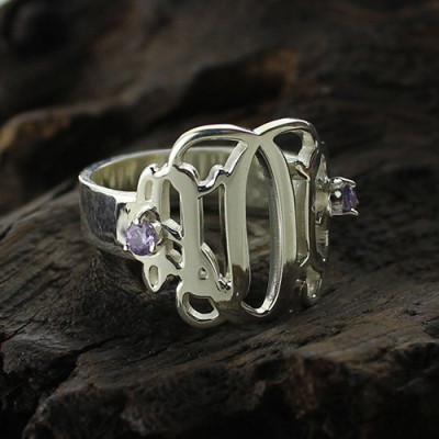Birthstone Monogram Rings For Women Sterling Silver  - Name My Jewellery