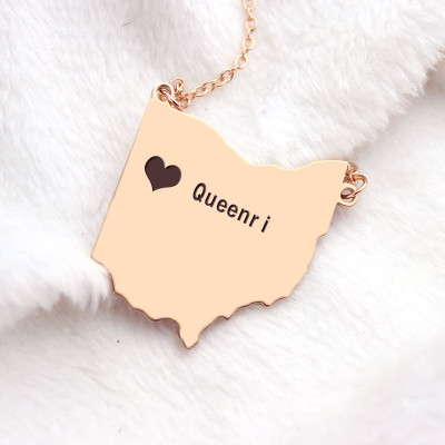 Custom Ohio State USA Map Necklace With Heart  Name Rose Gold - Name My Jewellery