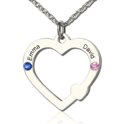 Double Name Open Heart Necklace with Birthstone Sterling Silver  - Name My Jewellery