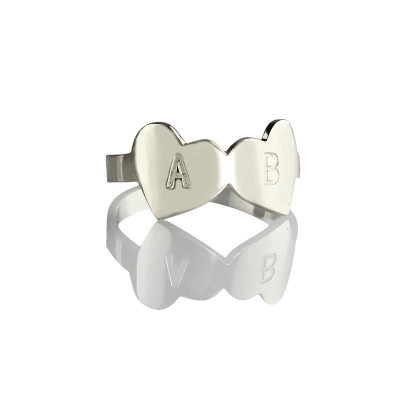 Double Heart Ring Engraved Letter Sterling Silver - Name My Jewellery