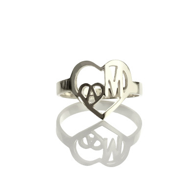Heart in Heart Double Initials Ring Sterling Silver - Name My Jewellery