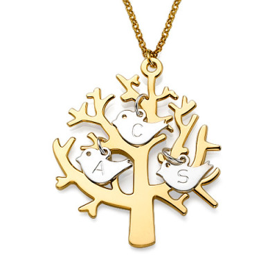 Gold Plated Tree Necklace with 0.925 Silver Initial Birds - Name My Jewellery