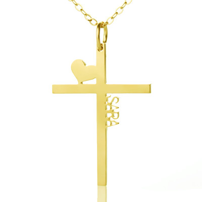 Personalised 18ct Gold Plated Silver Cross Name Necklace with Heart - Name My Jewellery