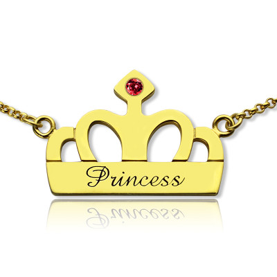 Princess Crown Charm Necklace with Birthstone  Name 18ct Gold Plated  - Name My Jewellery
