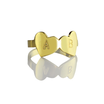 Custom Double Heart Ring Engraved Letter 18ct Gold Plated - Name My Jewellery
